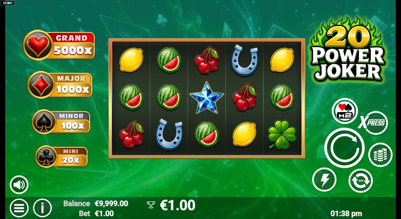 20 Power Joker slot gameplay showing the 5x3 fruit reels with Star scatter and the Grand-to-Mini jackpot ladder