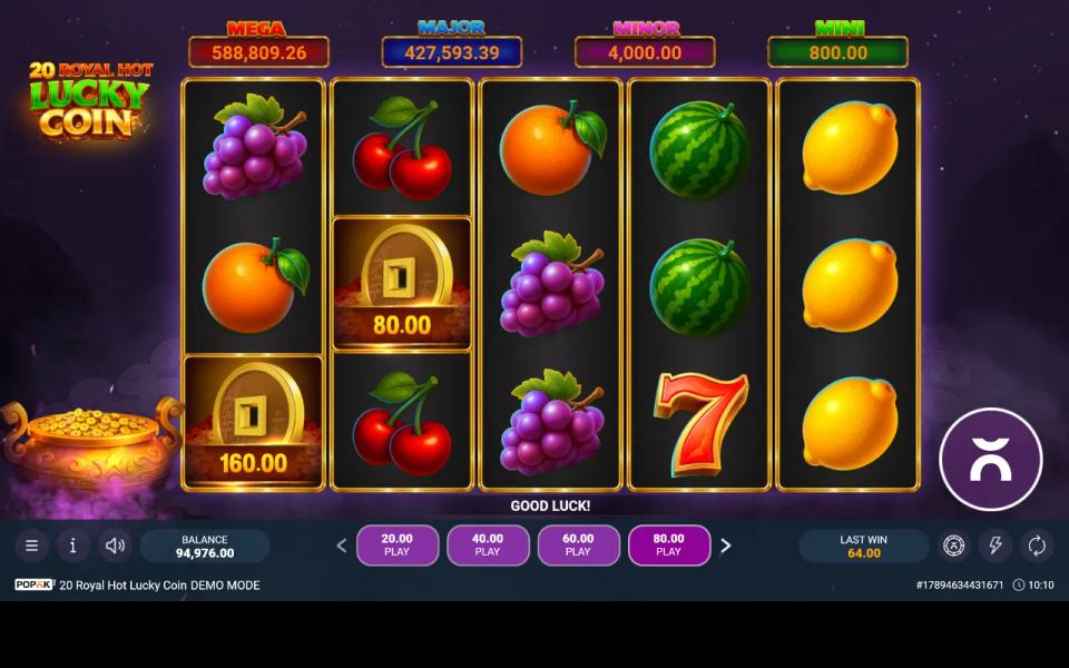 20 Royal Hot Lucky Coin's five reels of fruit symbols with two gold coin tiles and a red seven wild across a board that paid nothing