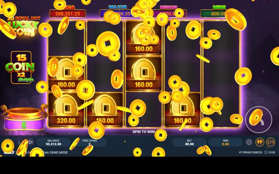 Six coin tiles locked on 20 Royal Hot Lucky Coin's board with three respins left and the fifteen-coin multiplier plaque beside the reels