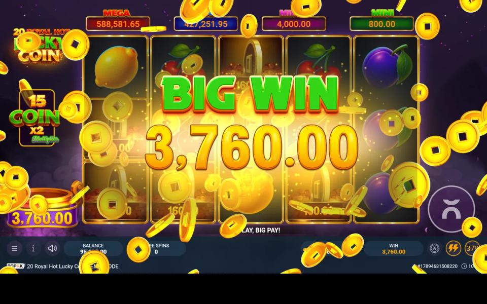 20 Royal Hot Lucky Coin's locked-coin round closing on a win of 3,760 from an 80 stake