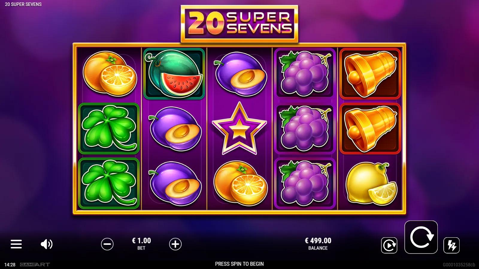 20 Super Sevens slot gameplay showing 5x3 grid with star Scatter, gold bell, watermelon and fruit symbols