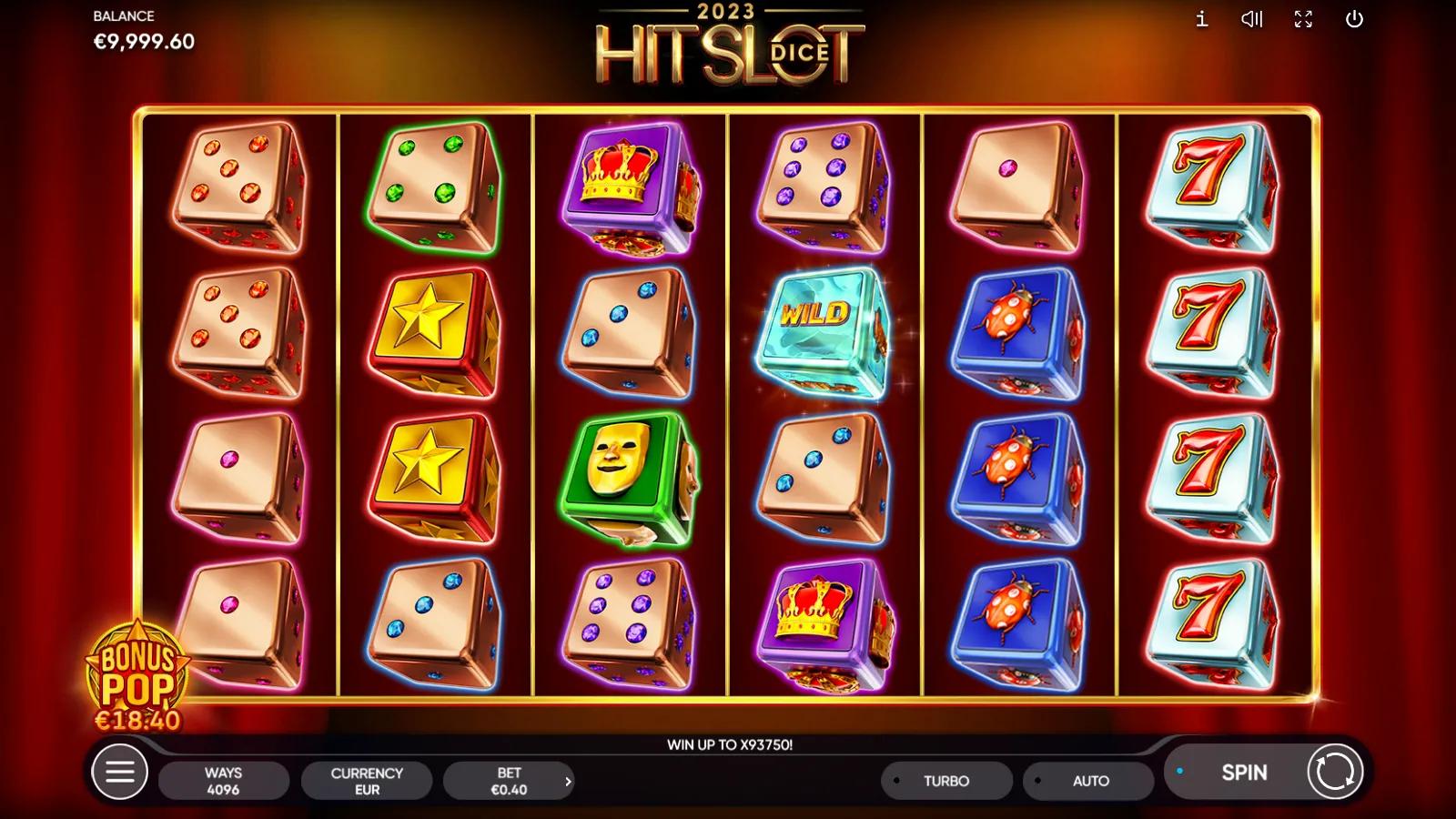2023 Hit Slot Dice gameplay showing 6x4 dice reels with star, crown, red-7 and 2023 scatter dice symbols
