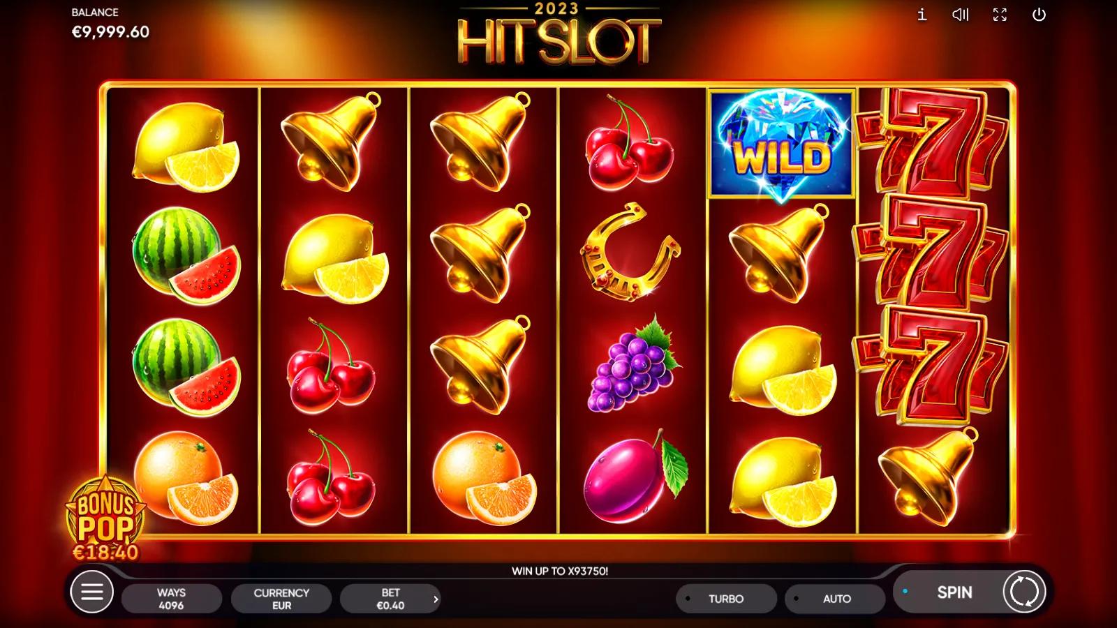 2023 Hit Slot gameplay showing 6x4 fruit reels with a blue diamond Wild, gold star Scatter and red 7 on red velvet