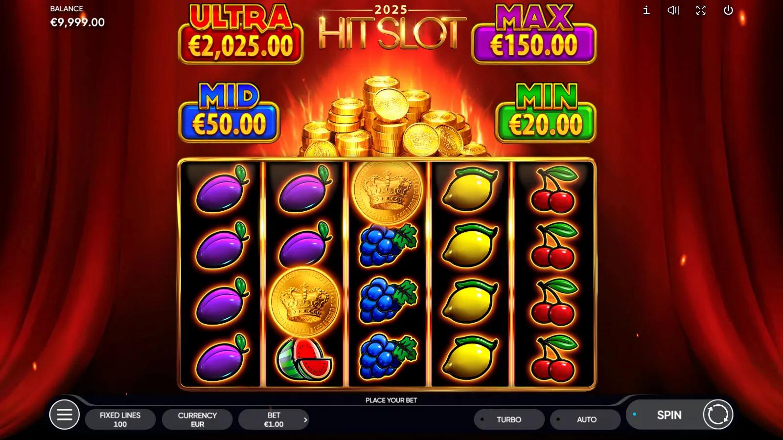 2025 Hit Slot gameplay showing 5x4 fruit reels with grapes, lemons and crown-coin scatters below MIN/MID/MAX/ULTRA jackpots