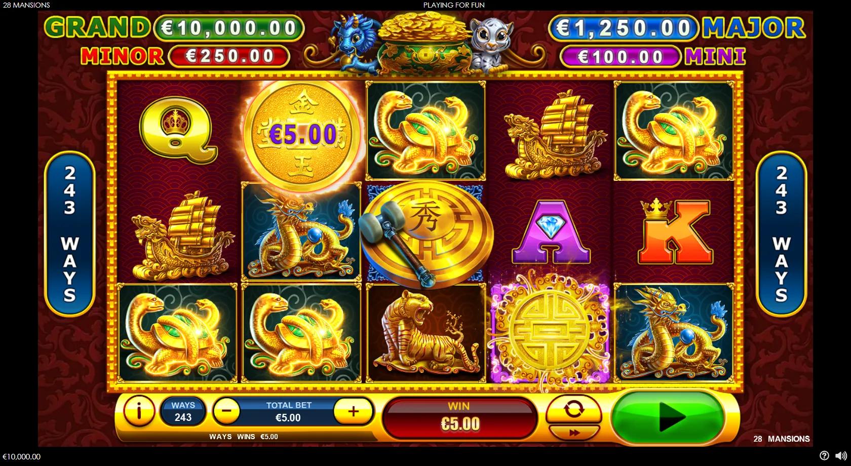 28 Mansions gameplay showing 5x3 grid with golden dragon, tiger, phoenix, tortoise symbols and Prosperity coins on 243 ways
