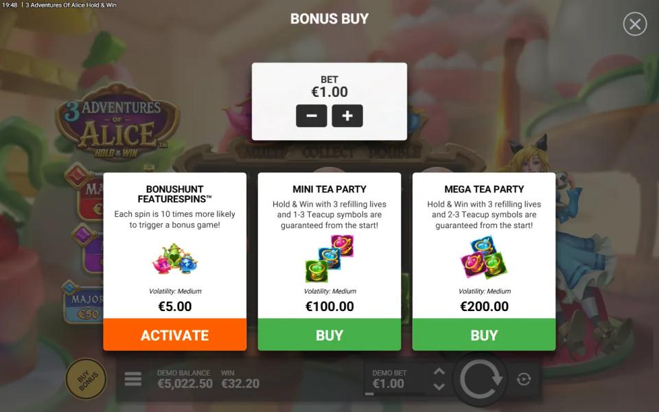 The bonus buy menu of 3 Adventures of Alice Hold & Win showing BonusHunt Featurespins at 5x, Mini Tea Party at 100x and Mega Tea Party at 200x