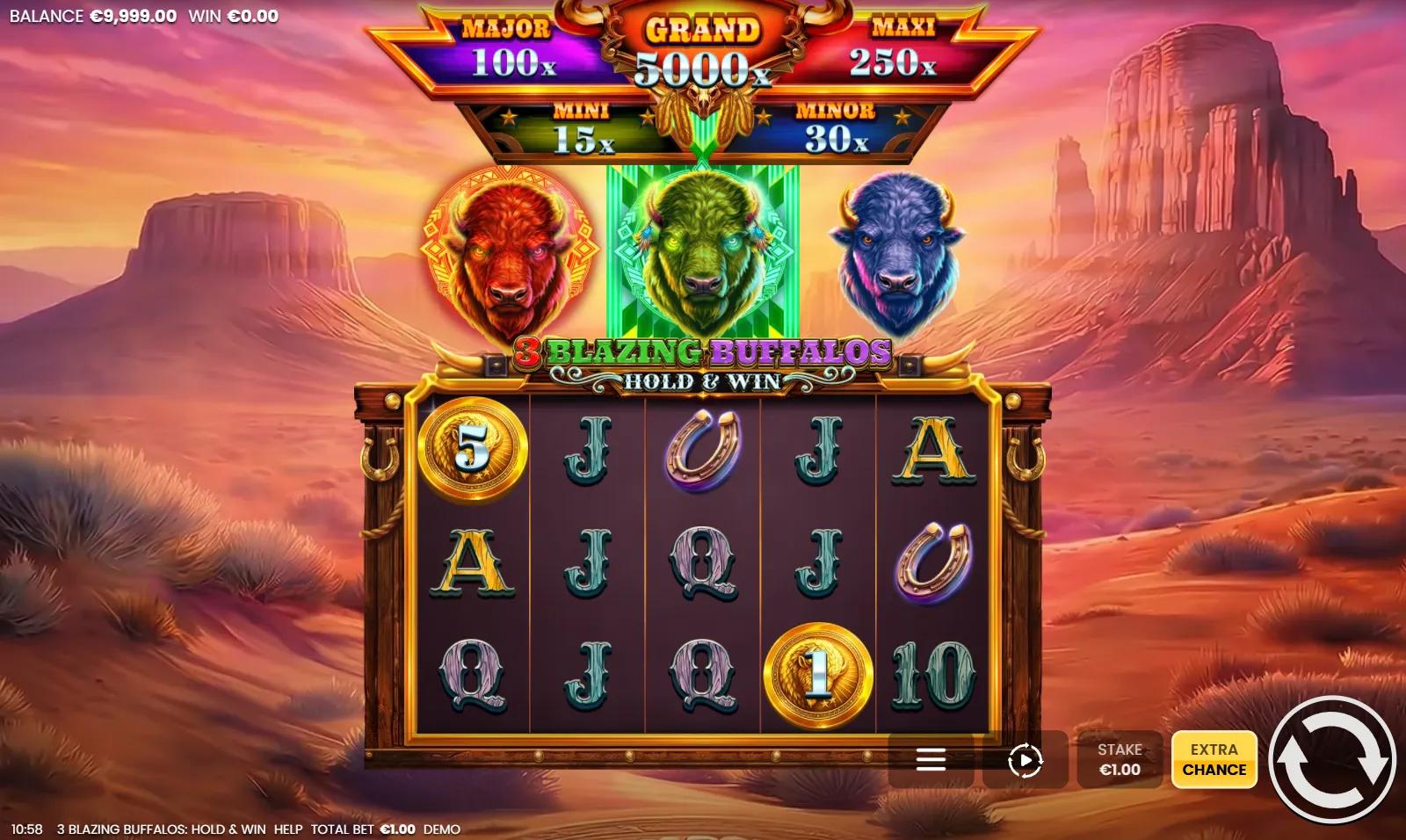 3 Blazing Buffalos Hold & Win slot gameplay showing 5x3 grid with card royals and Golden Coin cash symbols
