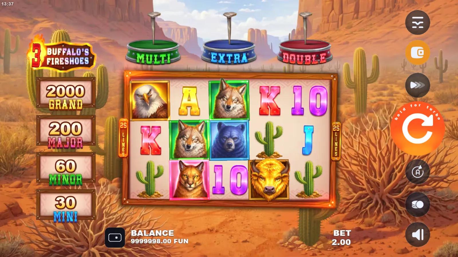 3 Buffalo's Fireshoe slot gameplay showing the 5x3 desert grid with buffalo symbols, the jackpot ladder and MULTI/EXTRA/DOUBLE feature meters