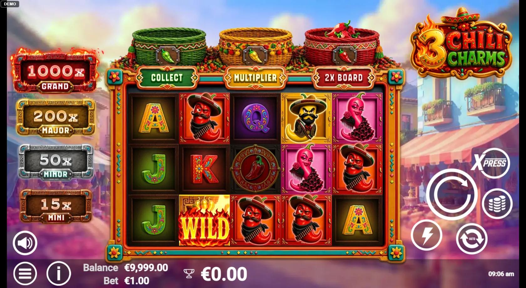 3 Chili Charms slot gameplay showing 5x3 grid with chili characters, flaming Wild and jackpot plaques