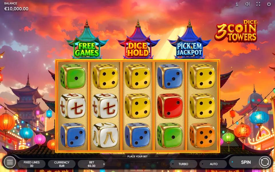 The 5x3 dice grid of 3 Coin Towers Dice with the three bonus pagodas standing above the reels