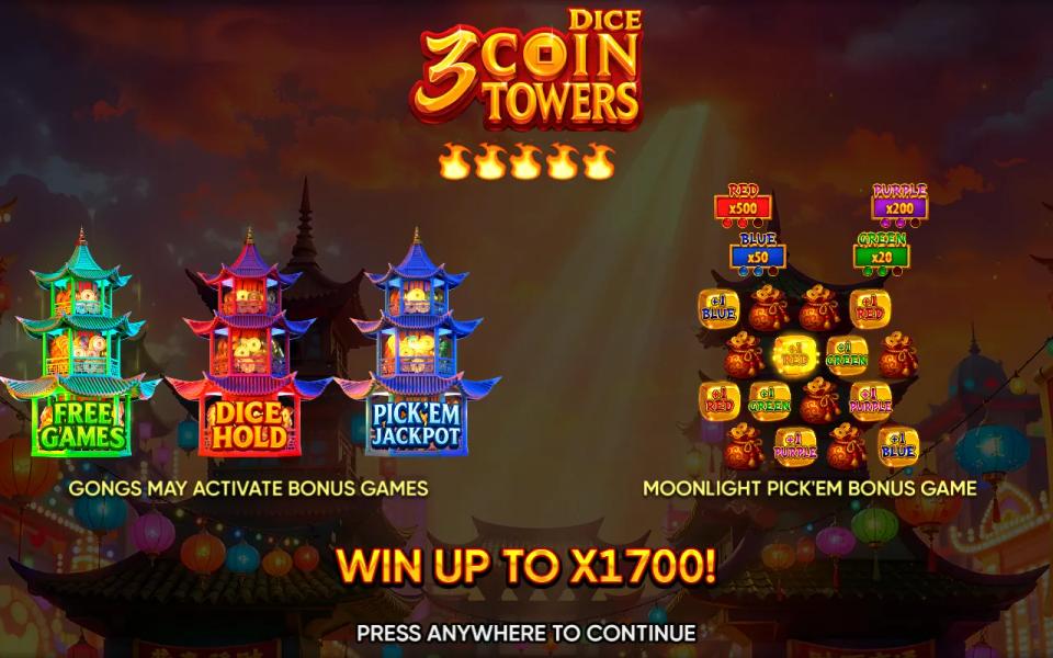 3 Coin Towers Dice intro screen showing a 1,700x maximum win and a volatility meter with all five flames lit