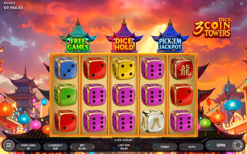 The dragon wild die on the 3 Coin Towers Dice reels with no winning line