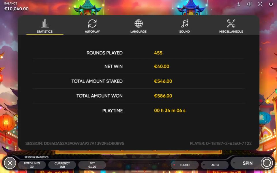 The session statistics panel of 3 Coin Towers Dice after 455 rounds