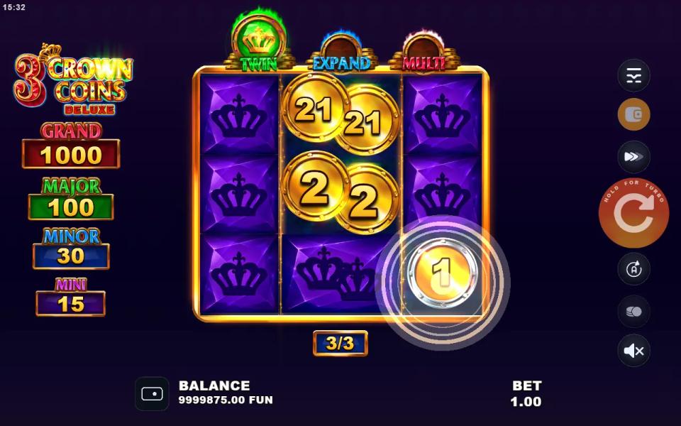 3 Crown Coins Deluxe bonus round: two doubled Royal collectors stuck on the middle reel while a 1x coin lands on the right reel, with the Grand, Major, Minor and Mini jackpots on the left