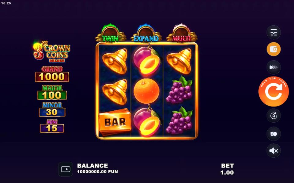 3 Crown Coins Deluxe base game: a 3x3 fruit board with the Twin, Expand and Multi coin piles above the reels