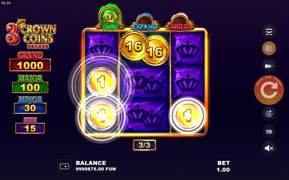 Three coins landing on the outer reels of the bonus board while the Royal on the middle reel collects them
