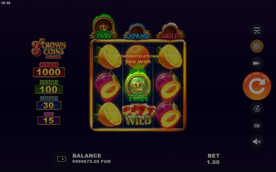 The bonus award card showing the green Twin crown after the 100x buy
