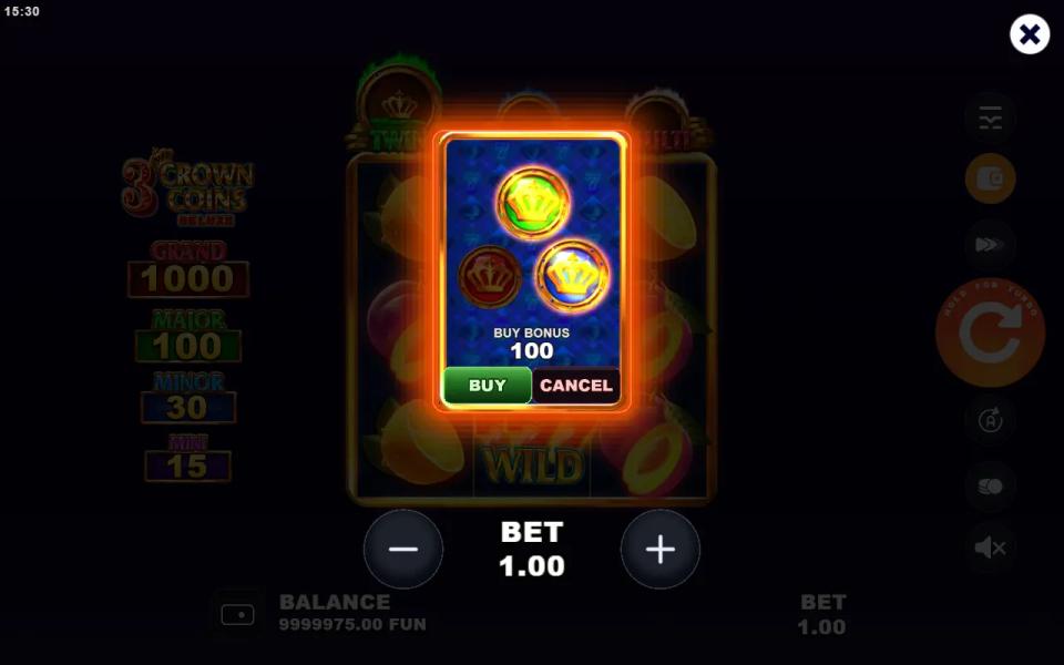 The single Buy Bonus card at 100x the bet, showing the green, red and blue crowns