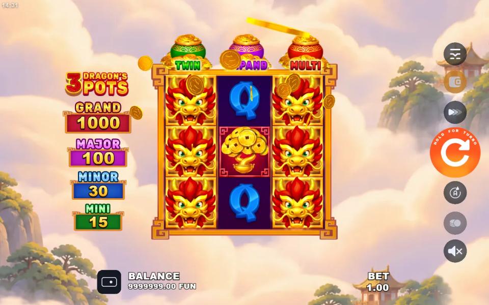 3 Dragon's Pots base game: dragon wilds stacked down reels 1 and 3 of the 3x3 board, a money tree between them, the Twin, Expand and Multi pots above the reels