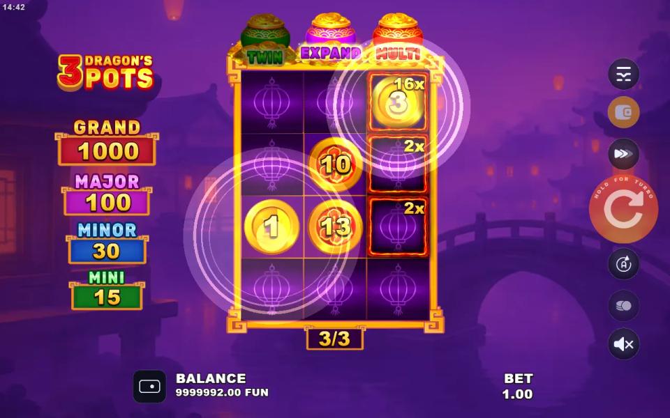 A 3x coin landing on a 16x Multi cell at the top of reel 3 during the bought 3 Dragon's Pots bonus