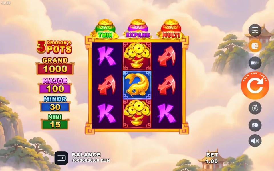 3 Dragon's Pots jackpot ladder at a 1.00 bet: Grand 1000, Major 100, Minor 30, Mini 15 beside the 3x3 reels