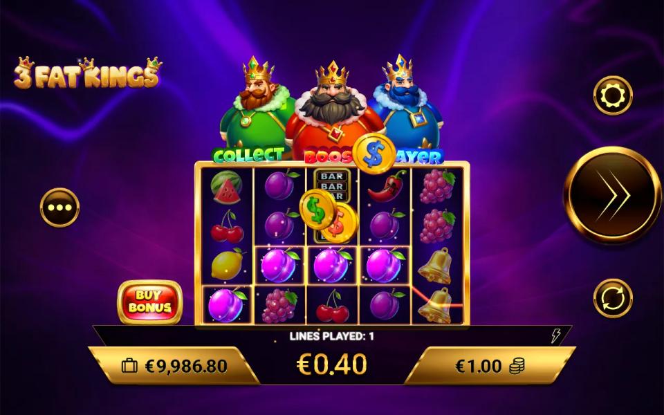 Two coloured token coins lifting off a five-reel four-row fruit board toward three crowned kings above it