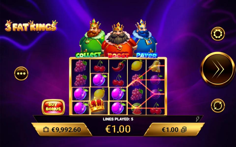 Five winning paylines drawn across a fruit board, together paying the stake back