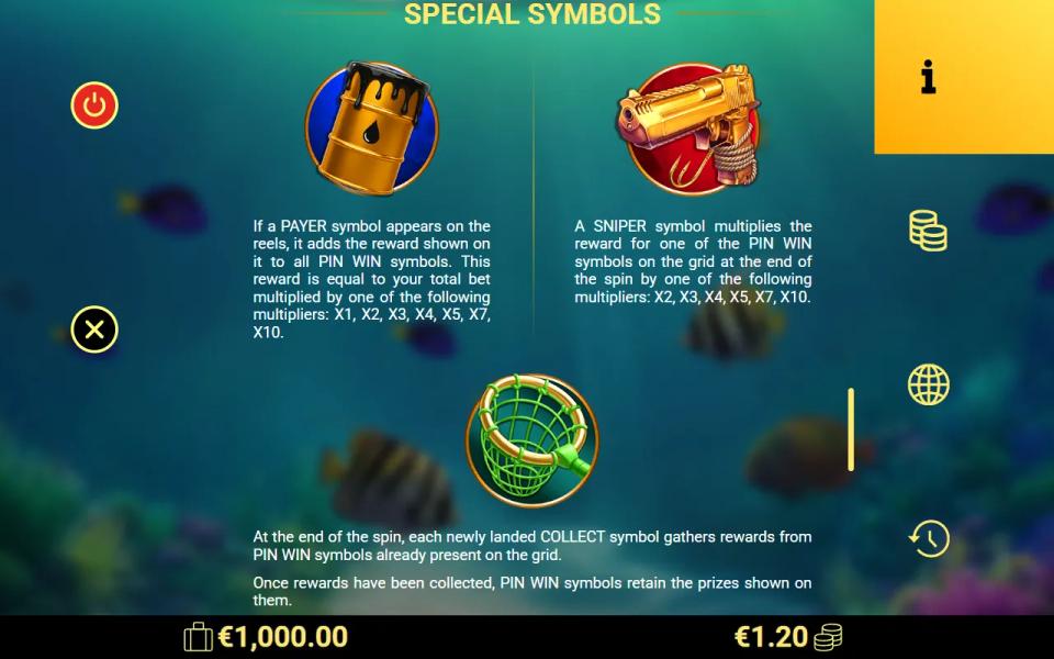 the in-game rules page for the Payer, Sniper and Collect special symbols