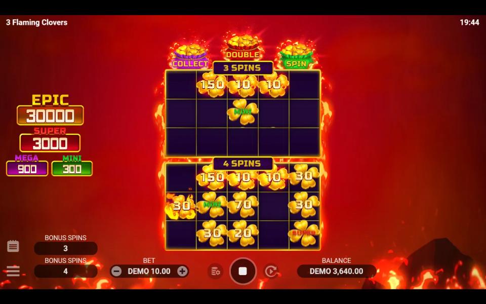Two stacked bonus grids of gold clovers, the upper counting three spins and the lower counting four, with all three booster pots lit above