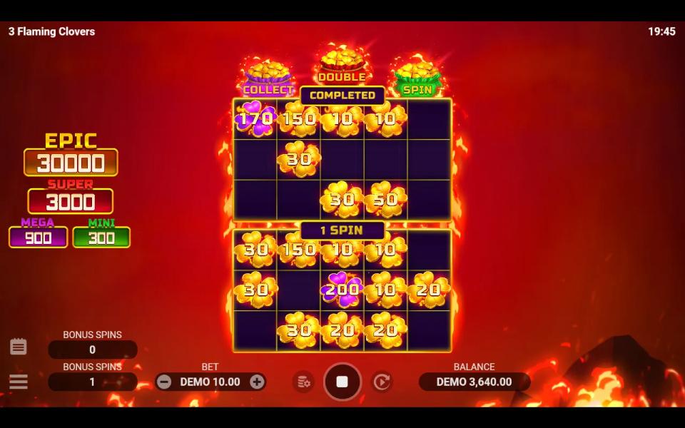 The upper bonus grid marked completed with empty cells still on it while the lower grid takes another spin