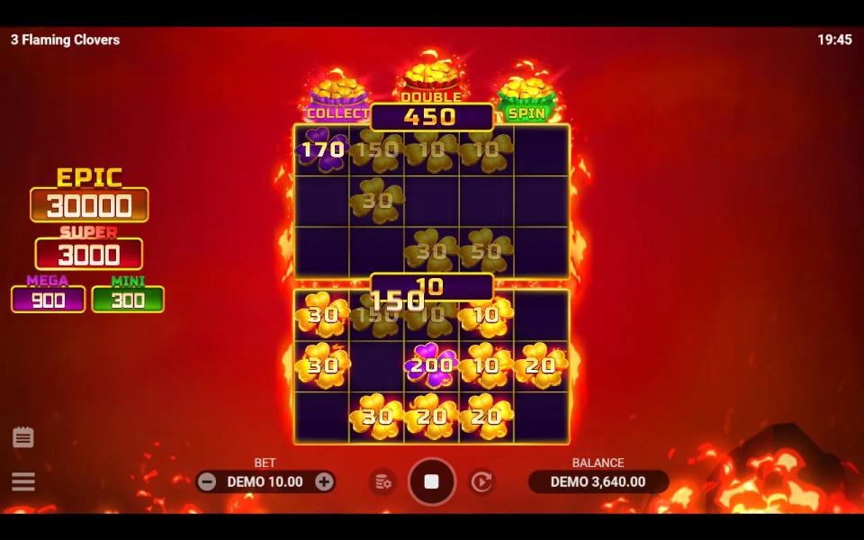 Sticky gold clovers held across two bonus grids, each grid showing its own running total above it