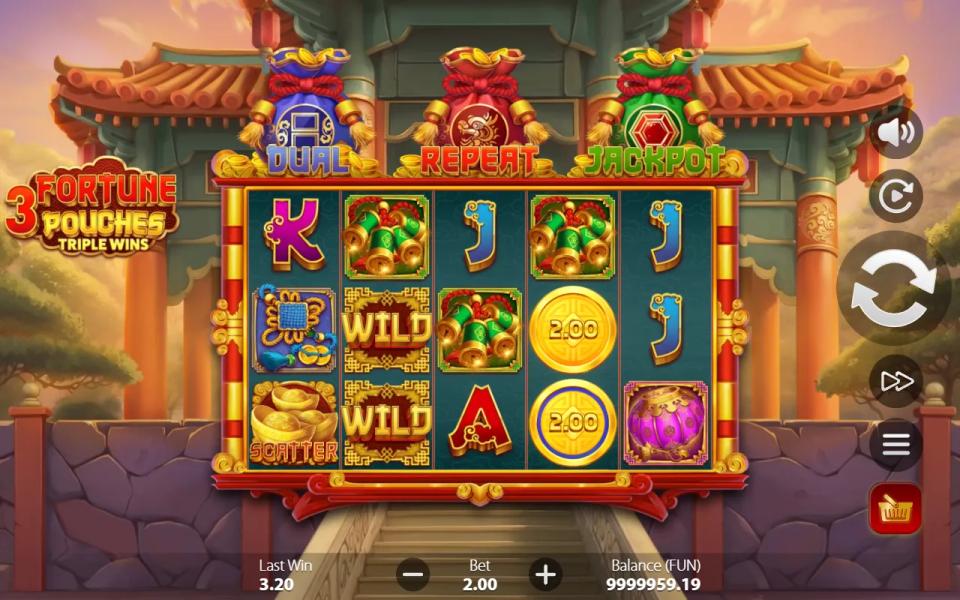 3 Fortune Pouches: Triple Wins 5x3 board with the Dual, Repeat and Jackpot pouches above the reels, a scatter on reel 1, two stacked wilds on reel 2 and a blue-ringed coin beside a plain one on reel 4