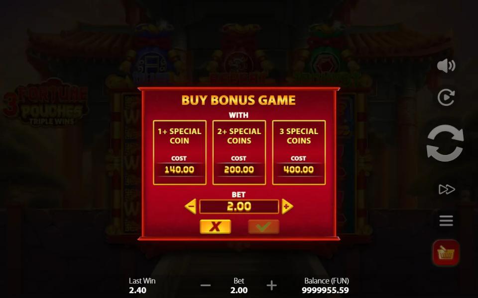 the Buy Bonus Game panel offering one, two or three special coins at 140.00, 200.00 and 400.00 on a 2.00 stake