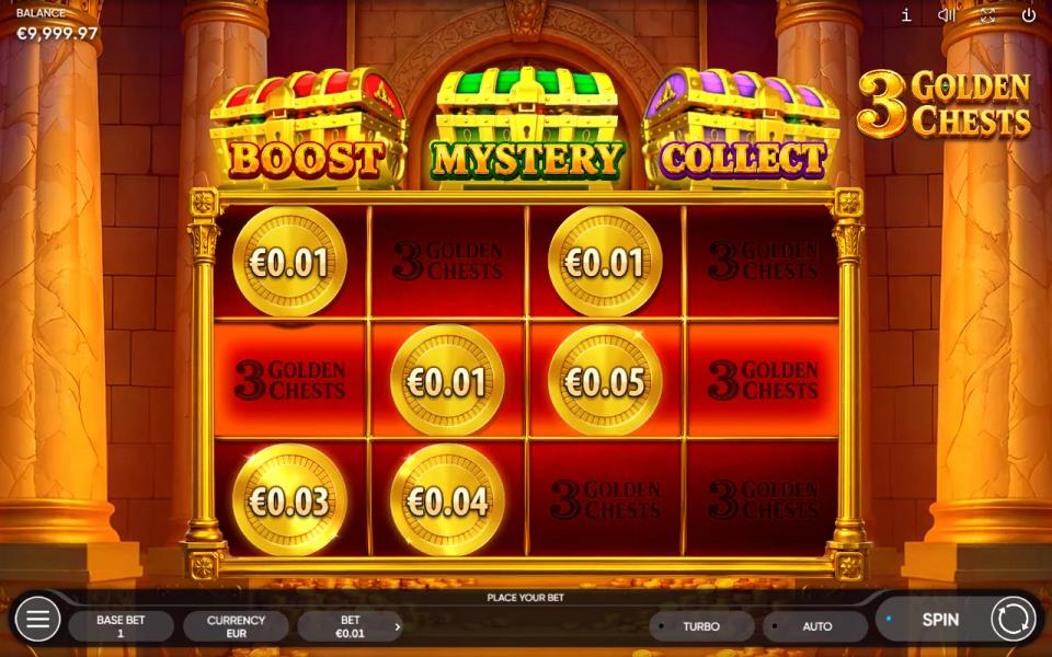 3 Golden Chests 4x3 grid holding six gold prize coins with cash values stamped on them and no win awarded