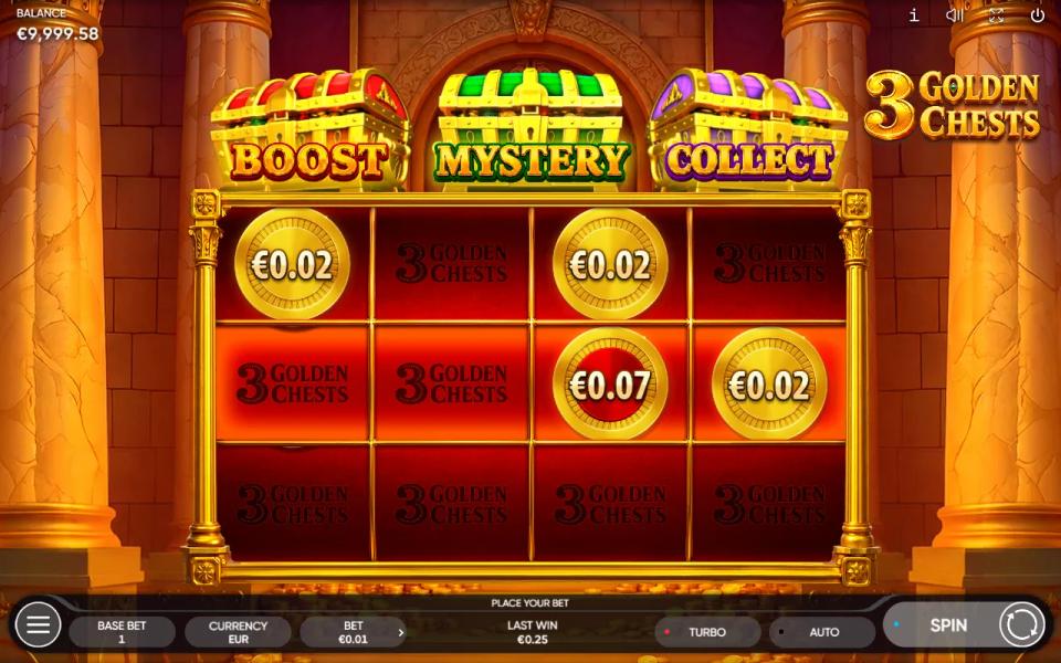3 Golden Chests grid with a single high-value sticky coin held in the centre row between spins