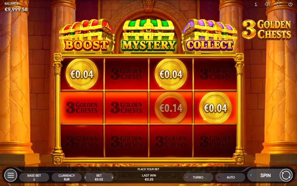 3 Golden Chests grid after a bet increase with every printed coin value doubled and the sticky coin redrawn as a hollow outline