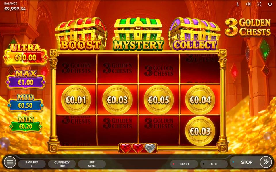 3 Golden Chests hold and win board with an ULTRA, MAX, MID and MIN jackpot ladder down the left side and three hearts beneath the grid