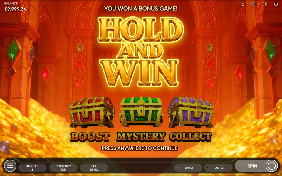 3 Golden Chests hold and win intro card showing the Boost, Mystery and Collect chests all closed