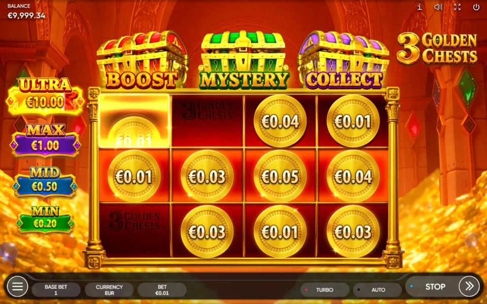 3 Golden Chests final hold and win board with nine locked prize coins and three cells left empty