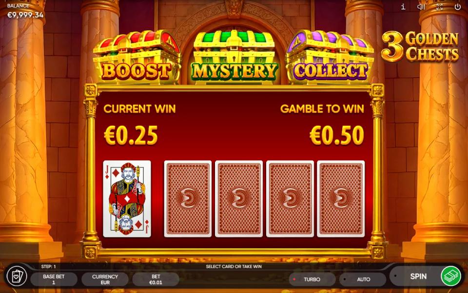 3 Golden Chests risk game with the dealer showing a jack of diamonds and four face-down cards to choose from