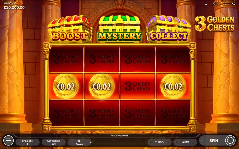 3 Golden Chests base game with three treasure chests above a 4x3 grid of logo-embossed empty cells in a castle hall
