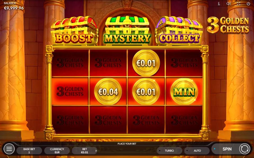 3 Golden Chests grid with a green MIN jackpot coin and two prize coins filling three of the four centre-row cells