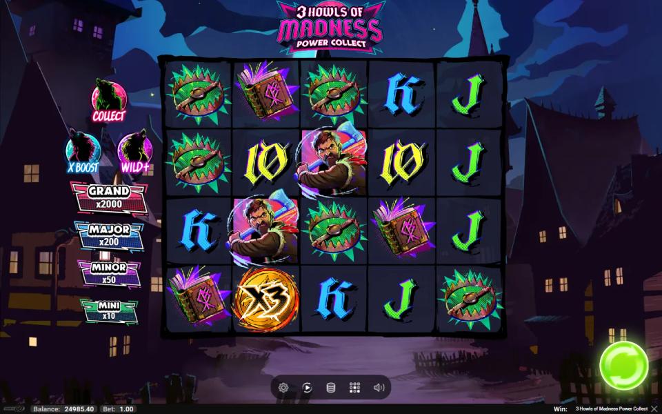 A 3x coin on reel two with no Collector anywhere on the 5x4 board of 3 Howls of Madness Power Collect