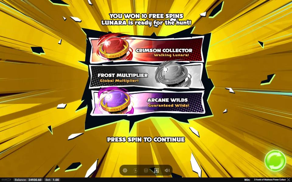 Free spins intro card in 3 Howls of Madness Power Collect with Crimson Collector and Arcane Wilds lit and Frost Multiplier greyed out