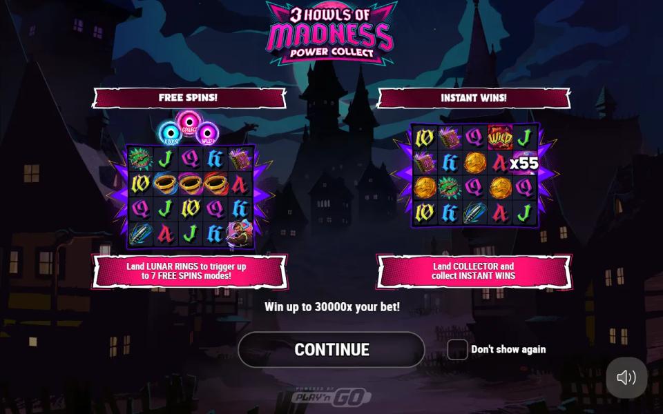 3 Howls of Madness Power Collect splash screen promising up to 7 free spins modes and a win of up to 30000x the bet