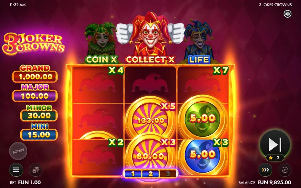 3 Joker Crowns Hold & Win bonus on a 3x3 grid: two Collectors on the middle reel with Red Joker multipliers, green and blue Coins on reel 3 and Green Joker multipliers in the corners, under the red, green and blue Jokers