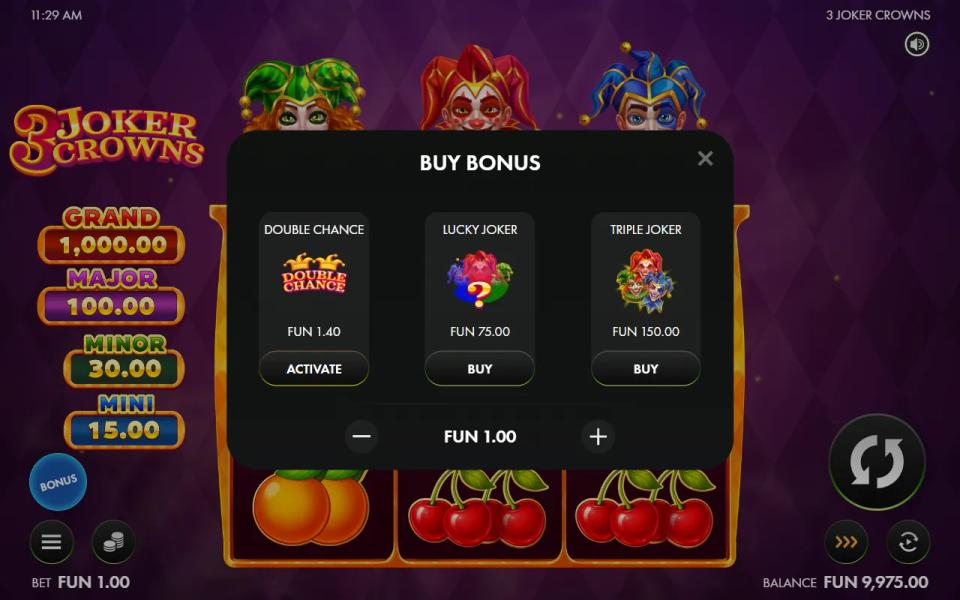 3 Joker Crowns Buy Bonus panel with Double Chance, Lucky Joker and Triple Joker