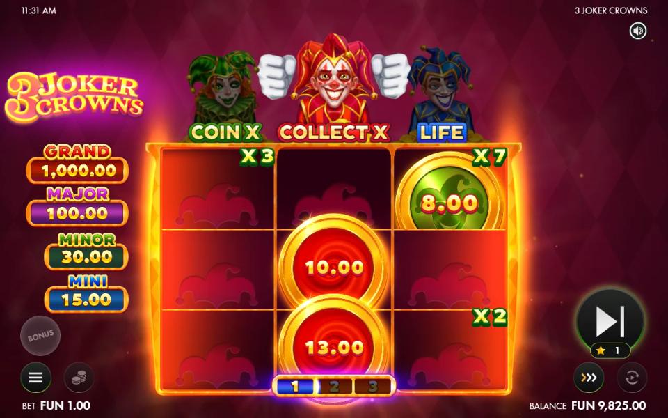 Green Joker multipliers of x3 and x7 on the top corners and x2 on reel 3, with a green Coin on a multiplied spot and two Collectors on reel 2