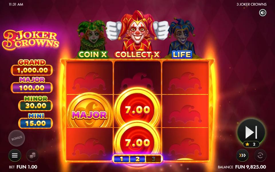 Start of the bought Triple Joker bonus with two Collectors on the middle reel, each holding the same Coin total