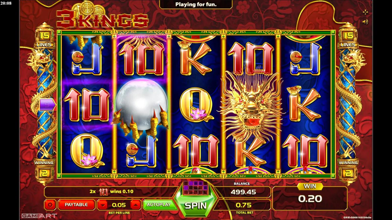 3 Kings slot gameplay showing the 5x3 oriental grid with the three Star Gods, golden dragon Wild, lotus and pearl symbols